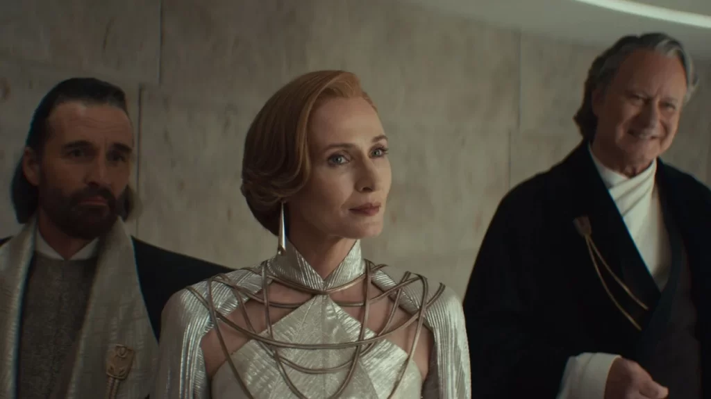 Andor Season 2 Episodes 4-6 Review:  Perrin Fertha (Allistair Mackenzie), Mon Mothma (Genevieve O'Reilly), and Luthen Rael (Stellan Skarsgård) in Lucasfilm's ANDOR Season 2
